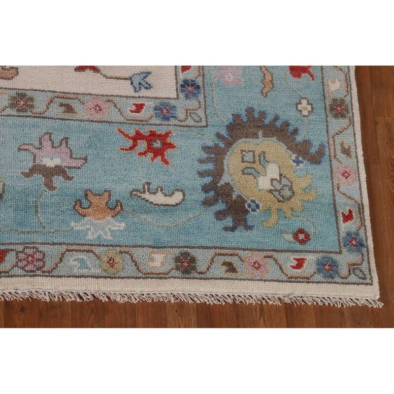 Floral Ivory & Blue Oushak Oriental Area Rug Handmade Wool Carpet - 9'0"x 11'7"