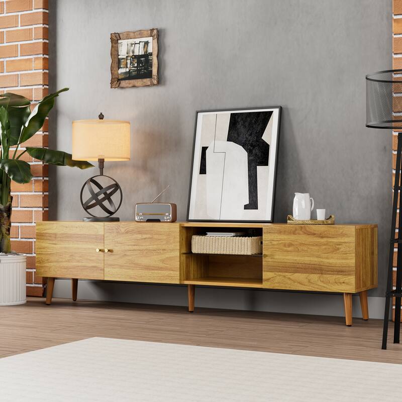 Brown Oak 69" TV Stand with Three-door Design, 2 Cabinets and Open Shelves for TVs Up to 70" - Brown Oak