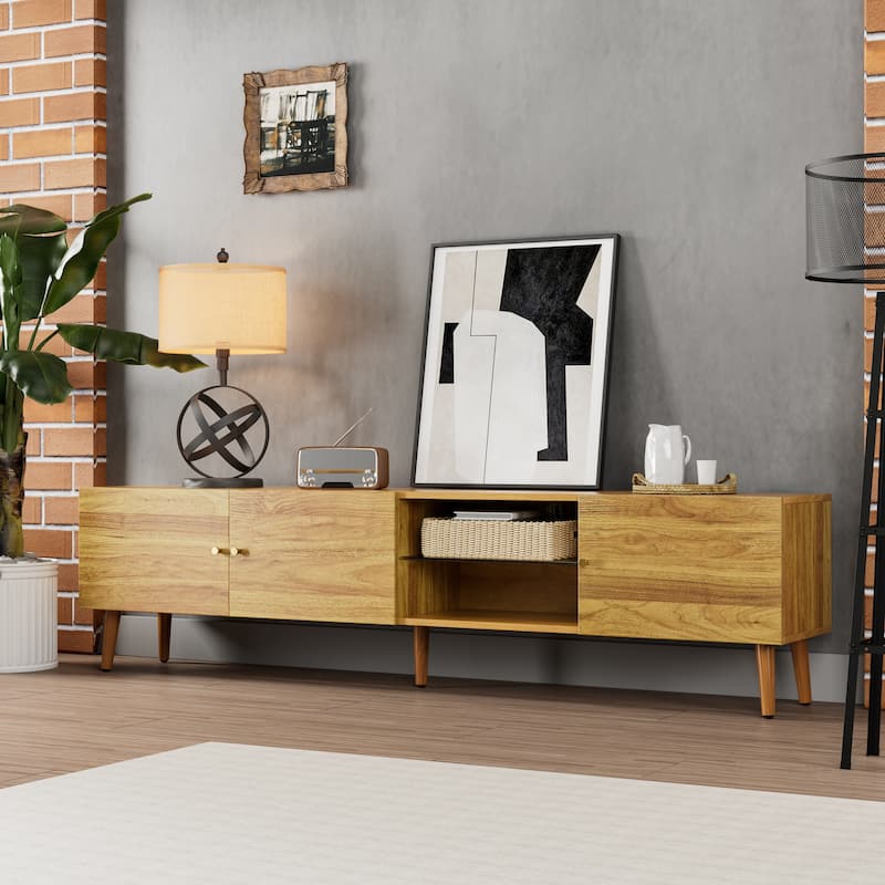 GDF Studio - 70-Inch Mid-Century TV Stand with Storage and Wooden Legs - Brown Oak