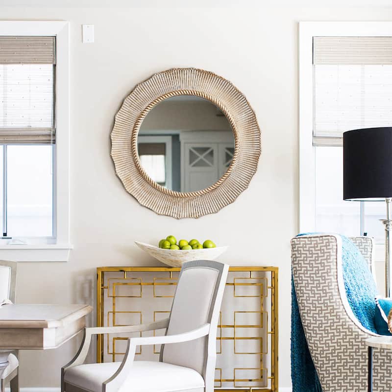 30" Bohemian Beige Round Wooden Decorative Bathroom Vanity Wall Mirror