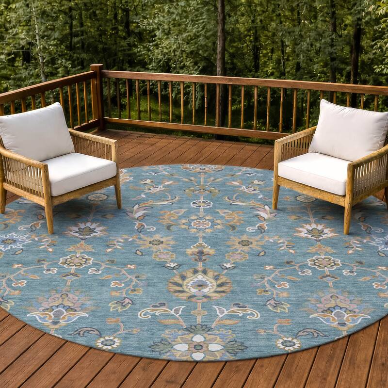 Machine Washable Indoor/ Outdoor Traditional Basalt Chantille Rug - Teal - 8' x 8'