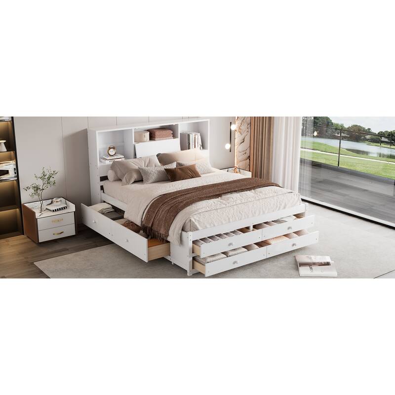 Roomfitters Queen/King Platform Bed with Storage Headboard and 8 Drawers, Solid Wood