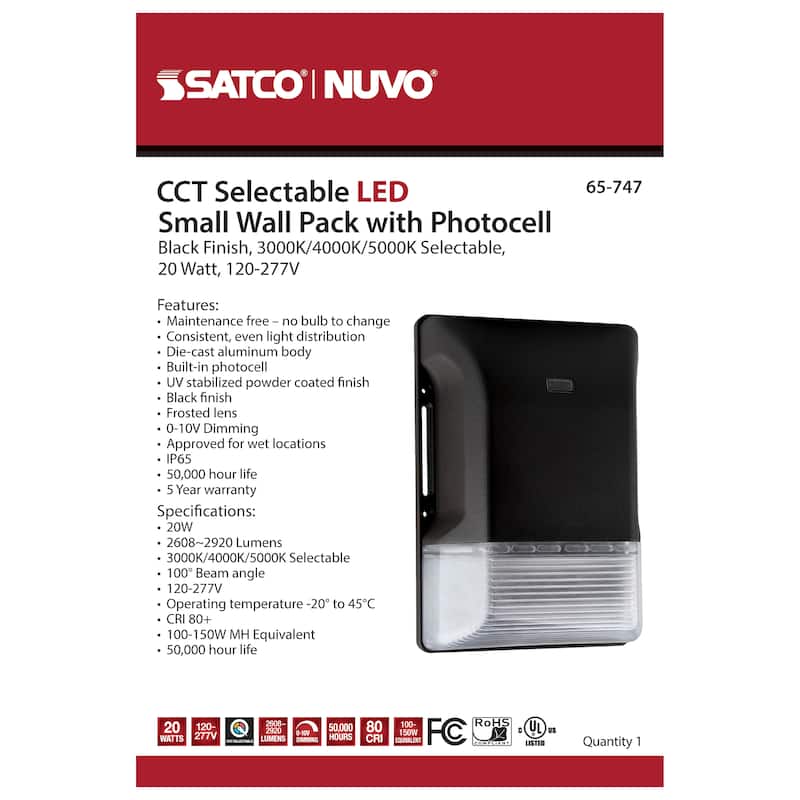 LED Small Wall Pack 20W CCT Selectable 3K/4K/5K Black Finish 100-277V
