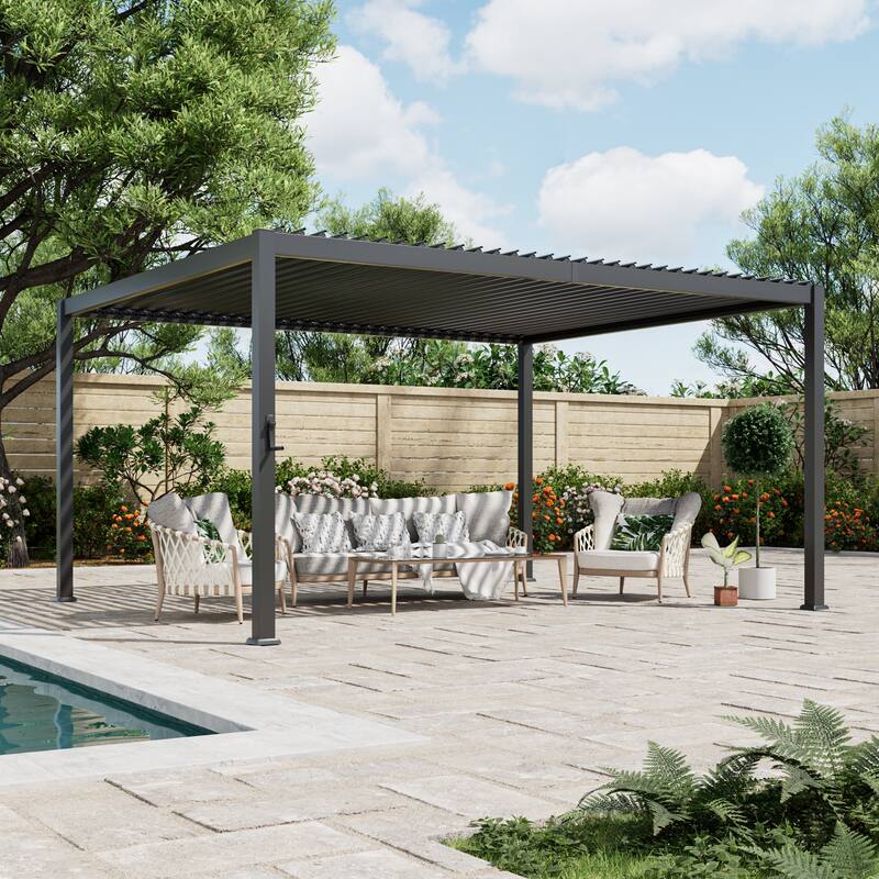 Patio Louvered Pergola with Adjustable Roof, Aluminum Steel Pergola - 12' x 14' - Grey
