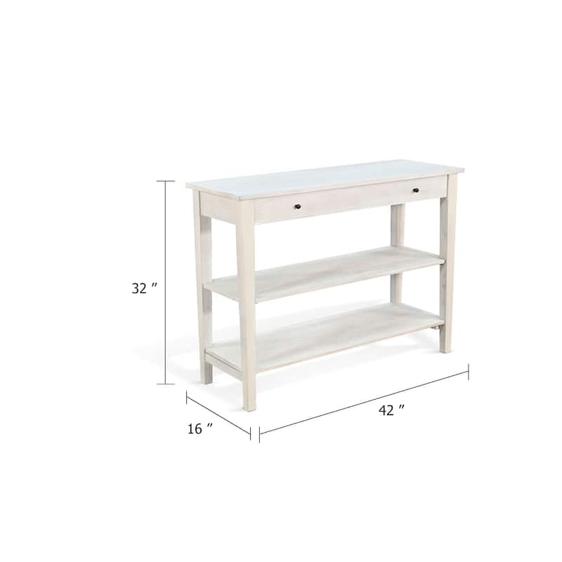 Pela Sofa Console Table, 42 Inch Top, 2 Shelves, Light Gray Solid Wood