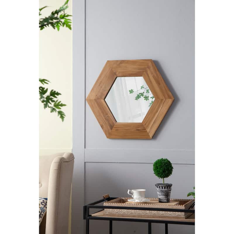 18.5" x 18.5" Hexagon Mirror with Solid Wood Frame, Wall Decor for Living Room Bathroom Hallway