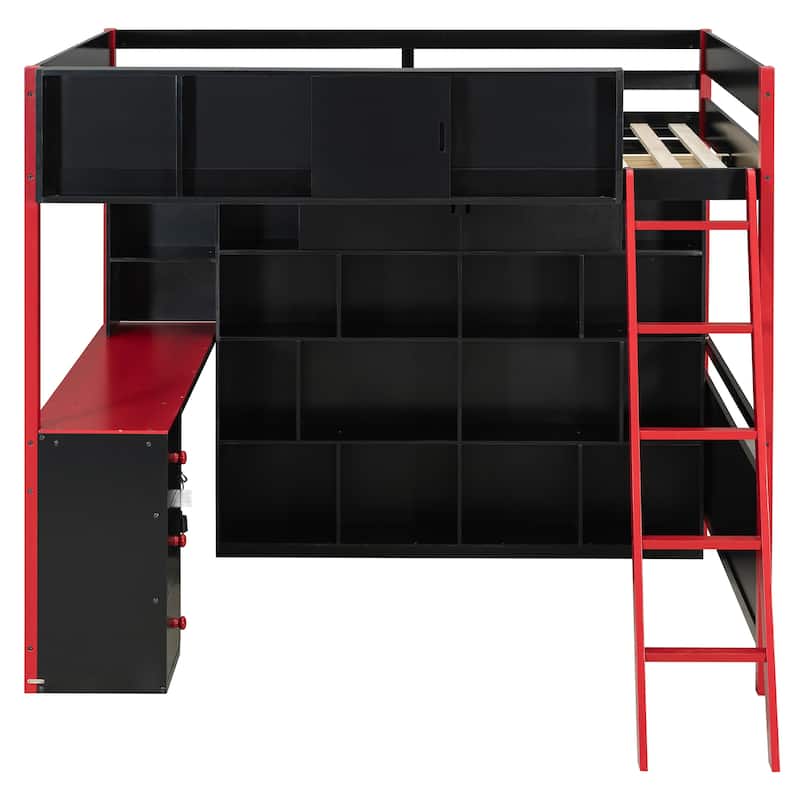 Full Size Gaming Loft Bed with Desk Full Wall Storage Shelf and 3 Drawers Storage Guardrail with Adjustable Door for Gaming Room