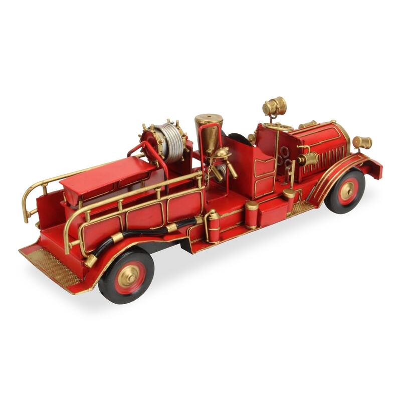 HomeRoots 6" Red and Gold Metal Hand Painted Early 20th Century Red Fire Engine Model Car - 17' X '6' X '5