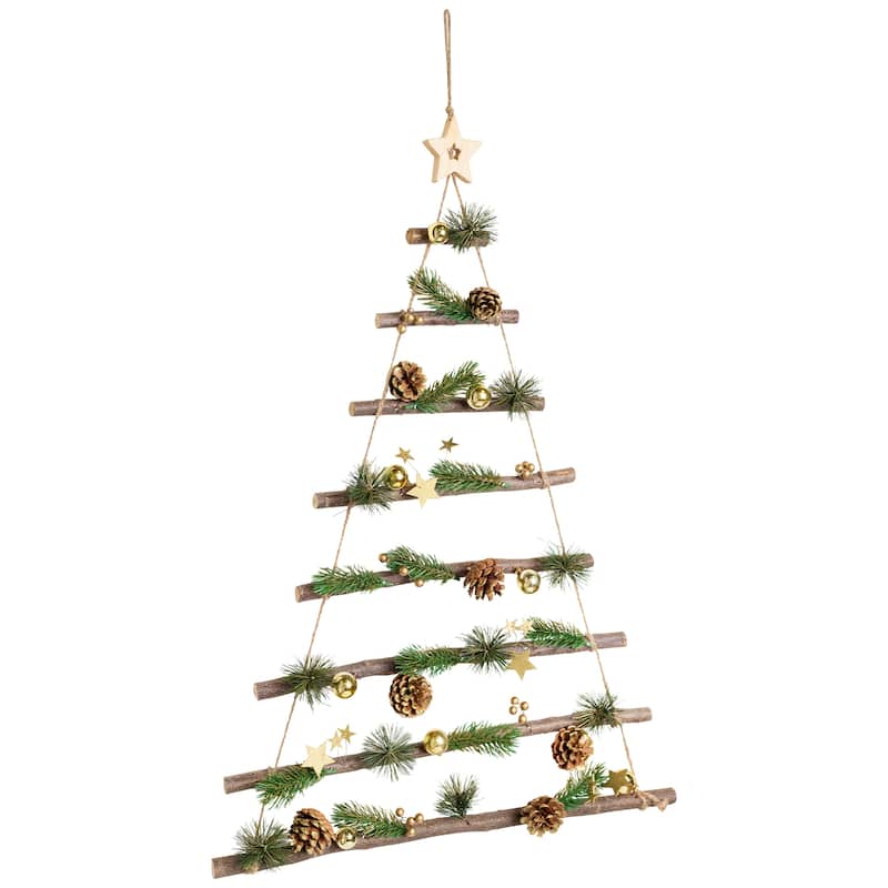 Star and Pinecone Hanging Tree Wooden Christmas Wall Decoration - 30"