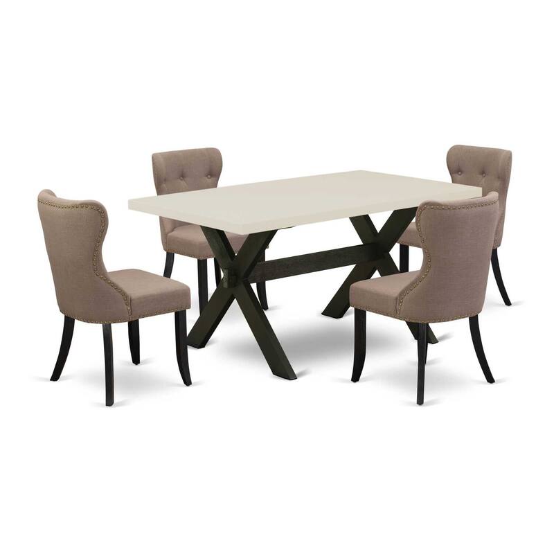 HomeStock 5-Piece Rectangle Natural Oak Finish Solid Wood Top Dining Table with 4 Parson Chair with Lattice Back