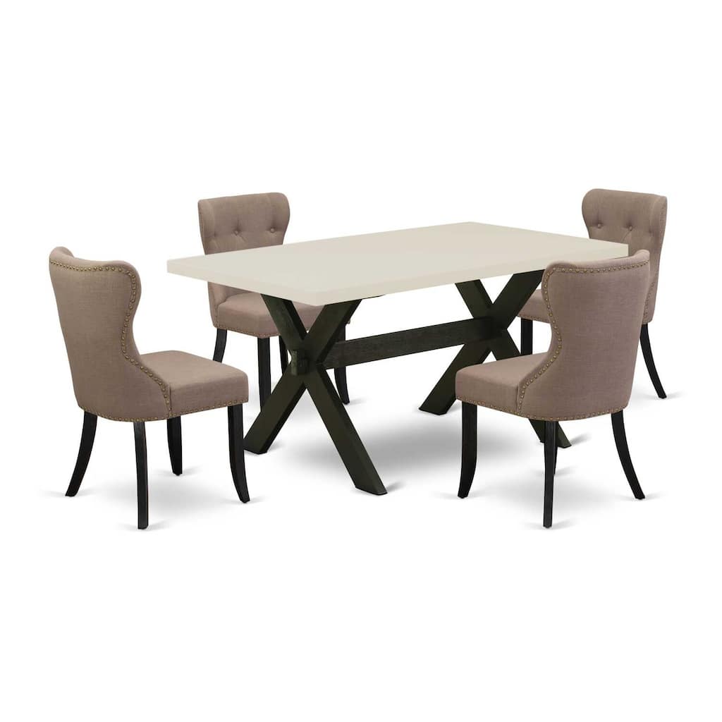 HomeStock 5-Piece Rectangle Natural Oak Finish Solid Wood Top Dining Table with 4 Parson Chair with Lattice Back