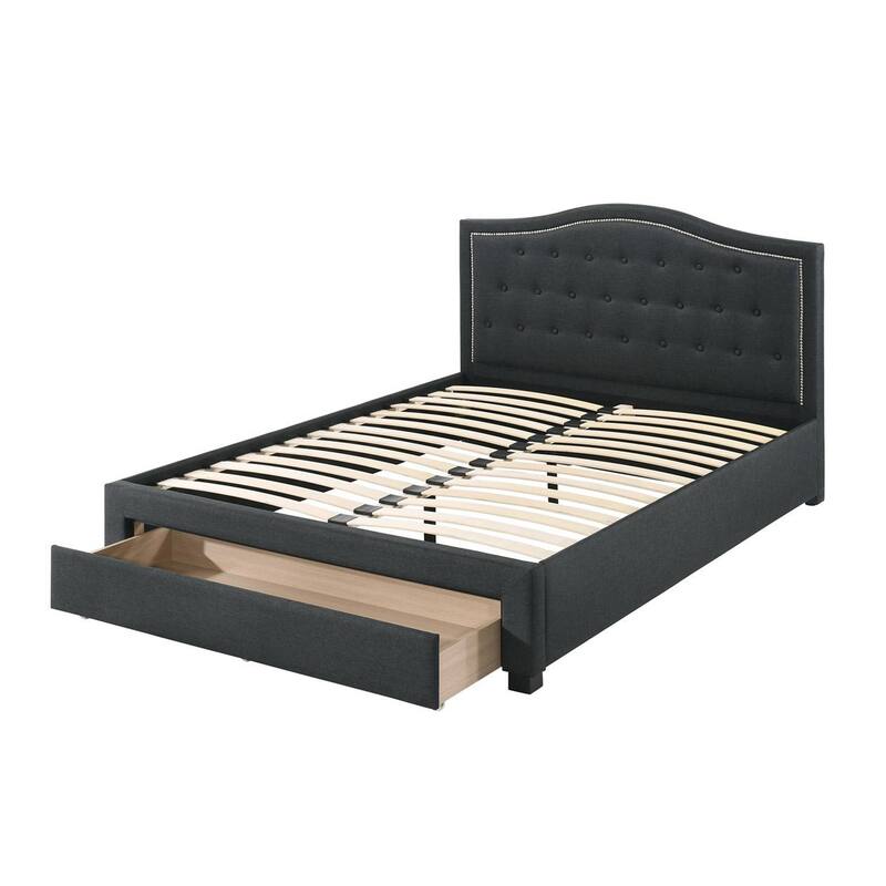 Sey Queen Size Bed w Storage Drawers, Dark Gray Upholstered Headboard