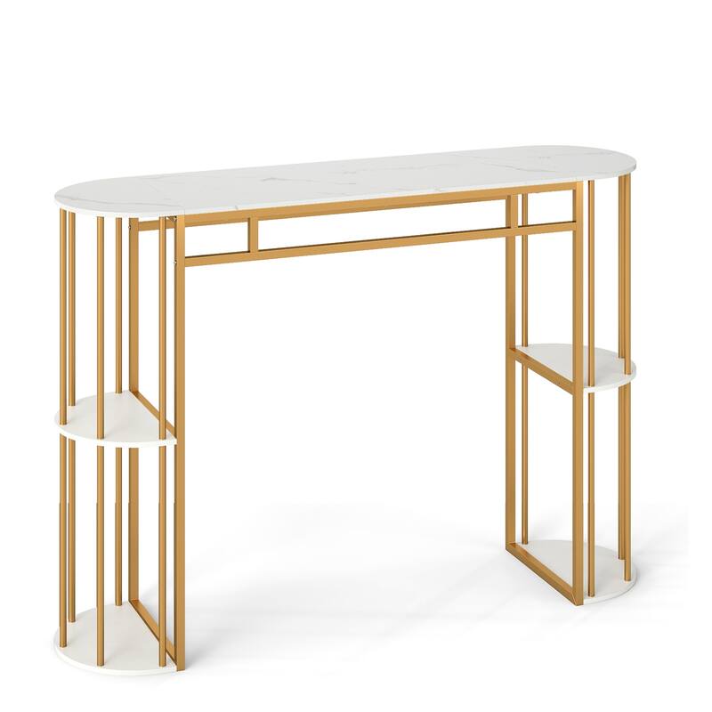 Gymax 60'' Long Bar Table Narrow Pub Table w/Faux Marble Tabletop &