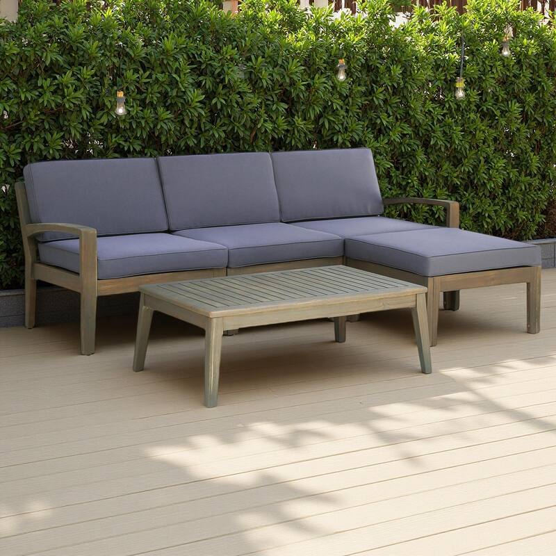 78" Outdoor Patio L-Shaped Acacia Wood Sectional Sofa Set with Coffee Table and Ottoman - Grey