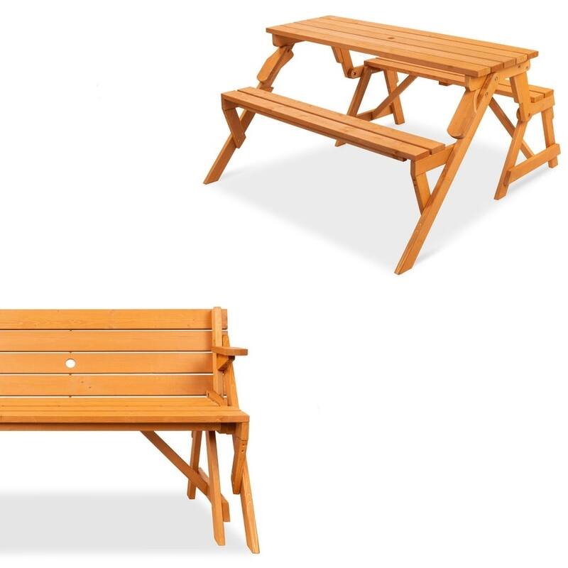 Outdoor Interchangeable 2 in 1 Multi-Use Wooden Picnic Table Garden Bench Umbrella Hole - N/A