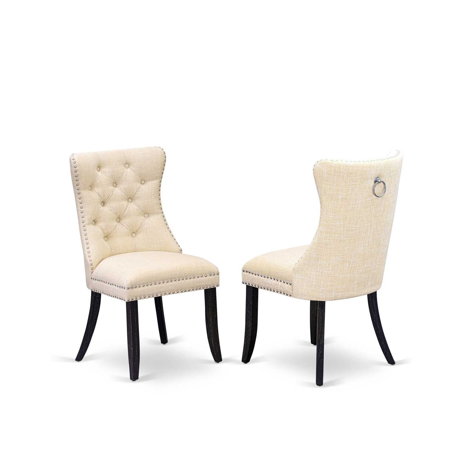 Parson Dining Chairs Set of 2 - Linen Fabric Upholstered Accent Chairs - Nailhead Trim - Beige