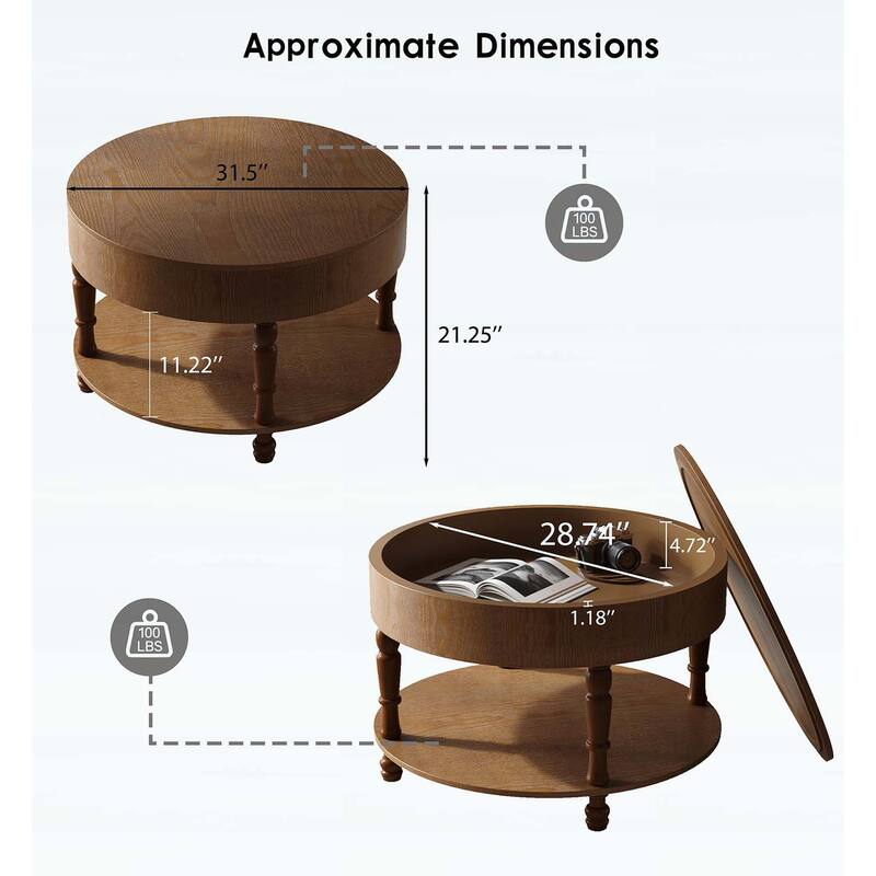 Round Coffee Table with Dual Storage,Hidden Compartment,and Adjustable Feet for Living Room