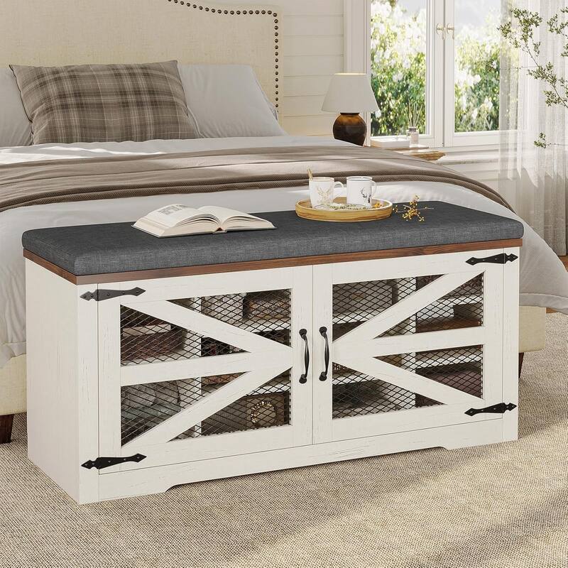 Storage Bench with Cushion Adjustable Shelf Shoe Rack Cabinet - 43.3"