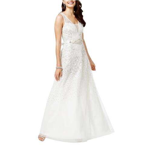Say Yes to the Prom Womens Sequined Gown Dress, White, 3/4