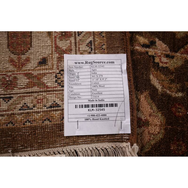 Brown Floral Agra Indian Area Rug Handmade Wool Carpet - 9'2" X 11'10"