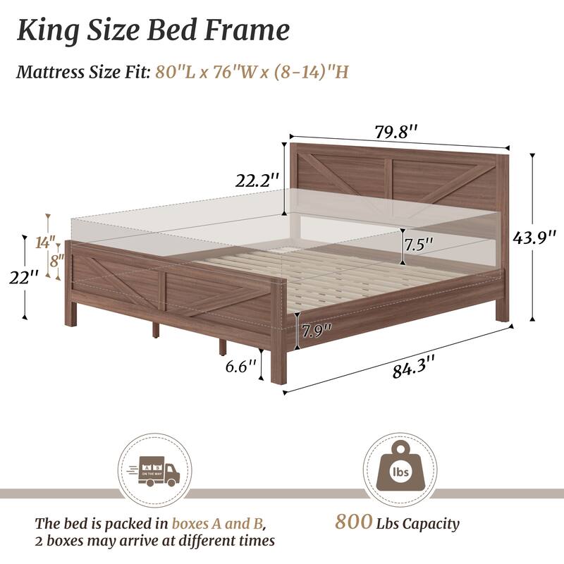 King/Queen Size Wood Platform Bed Frame With Headboard, Solid Wood Platform Bed, No Box Spring Needed, Easy Assembly