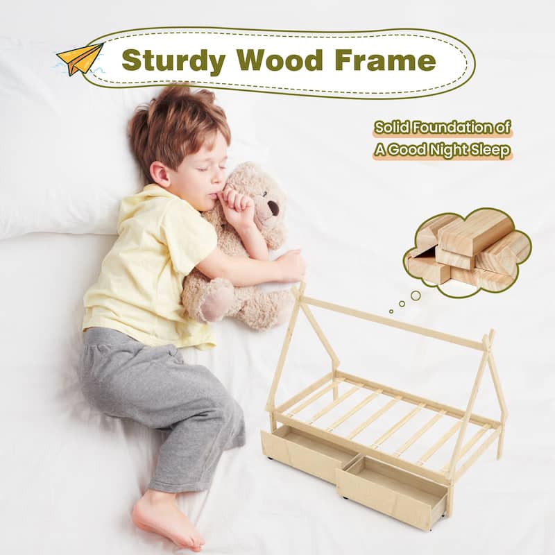 Kids Twin Size Wooden House-Shaped Platform Bed with Storage Drawers for Boys and Girls