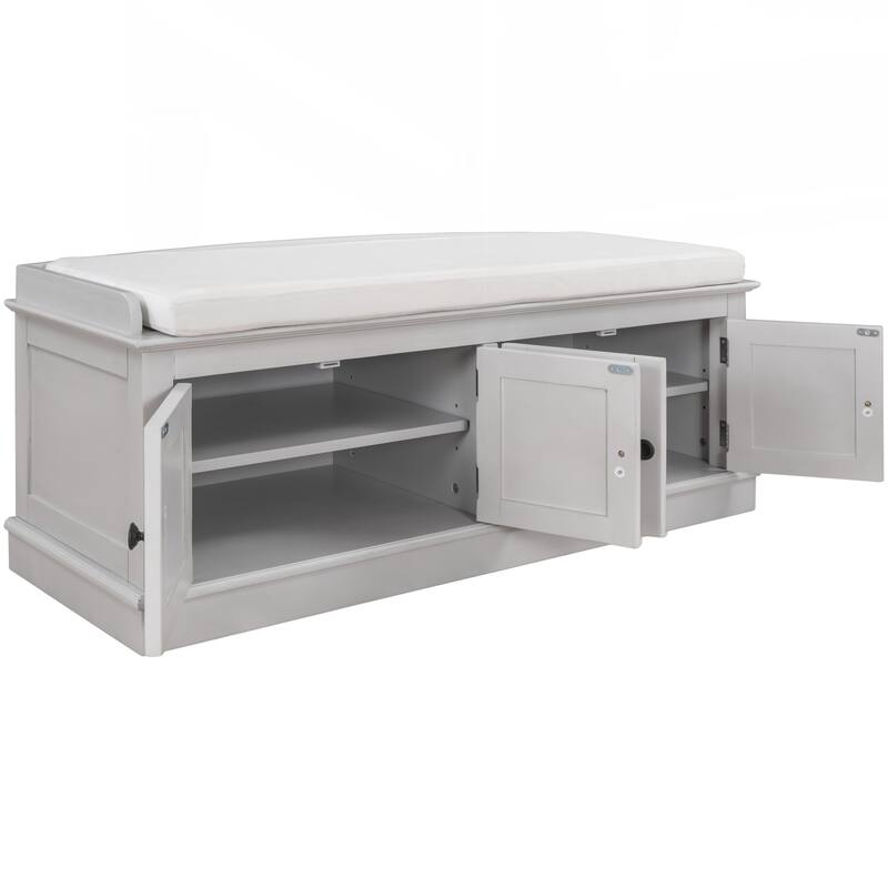 Storage Bench with 4 Doors and Adjustable Shelves, Shoe Bench with Removable Cushion for Living Room, Entryway