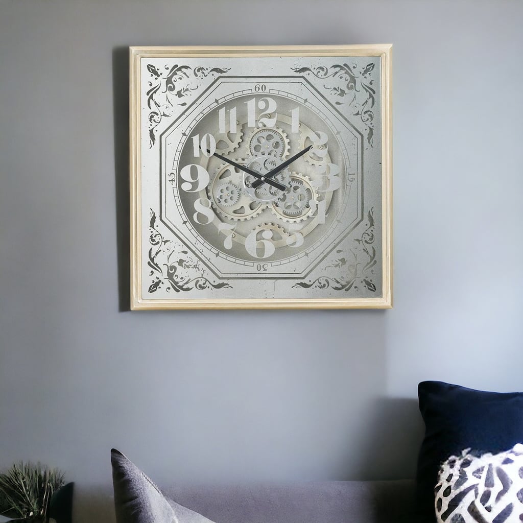 HomeRoots 24" Square Gold and Silver Wood and Mirror Exposed Gear Wall Clock - 23.60 in. x 23.60 in. x 3.10 in.