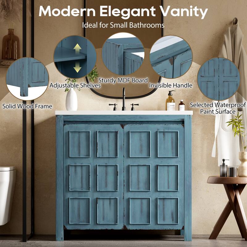 36" Bathroom Vanity with Undermount Resin Sink, Retro Blue Bathroom Storage Cabinet with Adjustable Shelves, Solid Wood Frame - 36 Inch - Retro Blue
