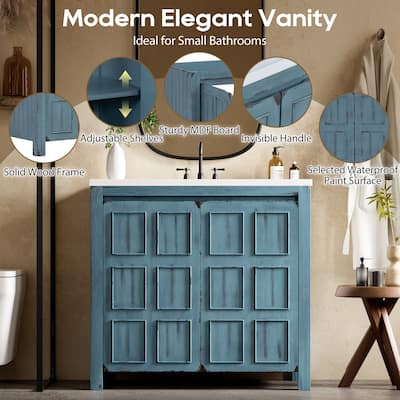 36" Bathroom Vanity with Undermount Resin Sink, Retro Blue Bathroom Storage Cabinet with Adjustable Shelves, Solid Wood Frame
