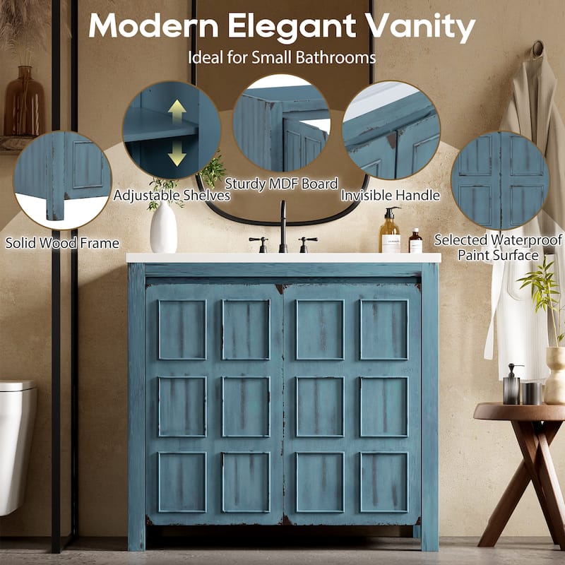 36" Bathroom Vanity with Undermount Resin Sink Combo Set, Solid Wood Frame Bathroom Storage Cabinet with Adjustable Shelves - 36 Inch - Retro Blue