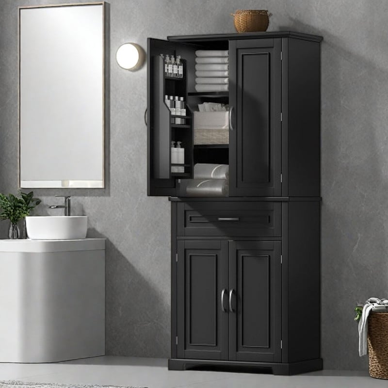 Tall Bathroom Storage Cabinet with 4 Doors and 1 Drawer,聽 Adjustable Shelf and Door Storage Racks