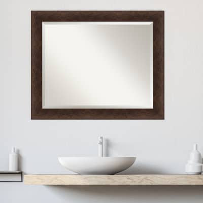 Warm Walnut Beveled Wood Framed Bathroom Vanity Wall Mirror - Warm Walnut