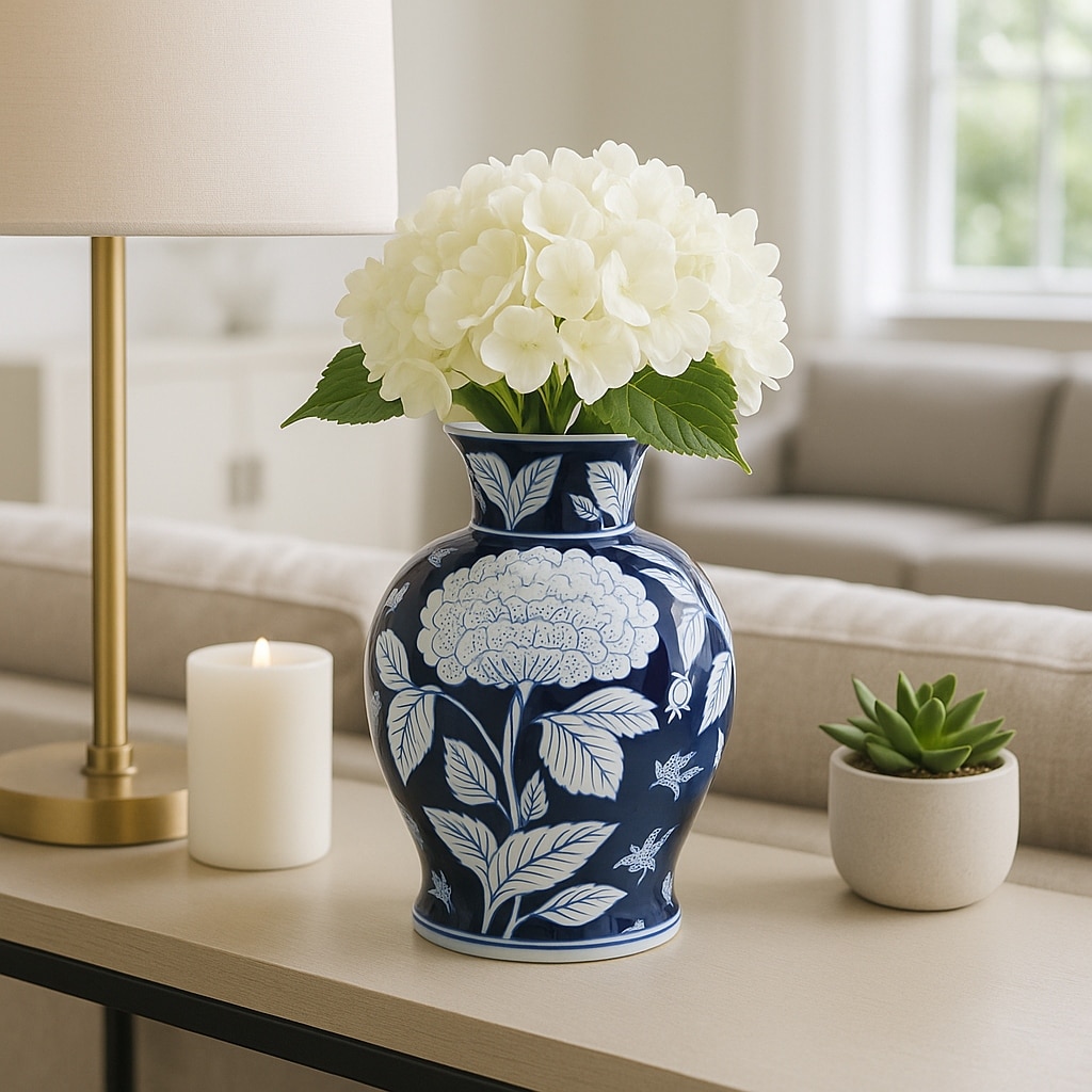 Decorative Vase - Blue Ceramic Floral Round Chinoiserie, 9in
