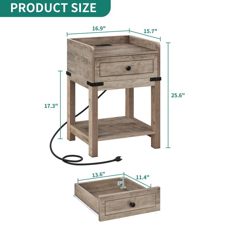 Moasis Farmhouse End Table with Charging Station, USB Ports and Outlets