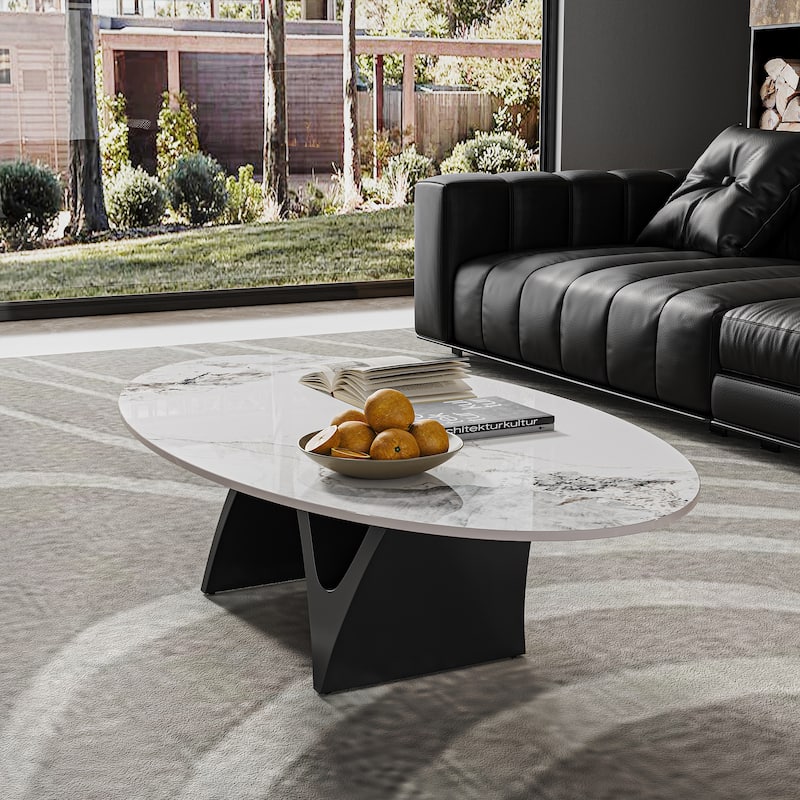 51.18" Modern Oval Coffee Table, Glossy Sintered Stone Table top, N-Shaped Carbon Steel Leg