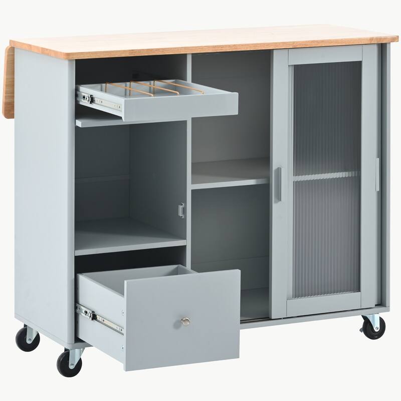 LED Light Kitchen Cart on Wheels with 2 Fluted Glass Doors
