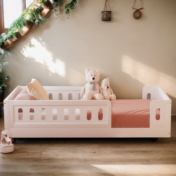 slide 2 of 13, Twin Size Platform Bed with Guardrail and Semi-enclosed Fence White