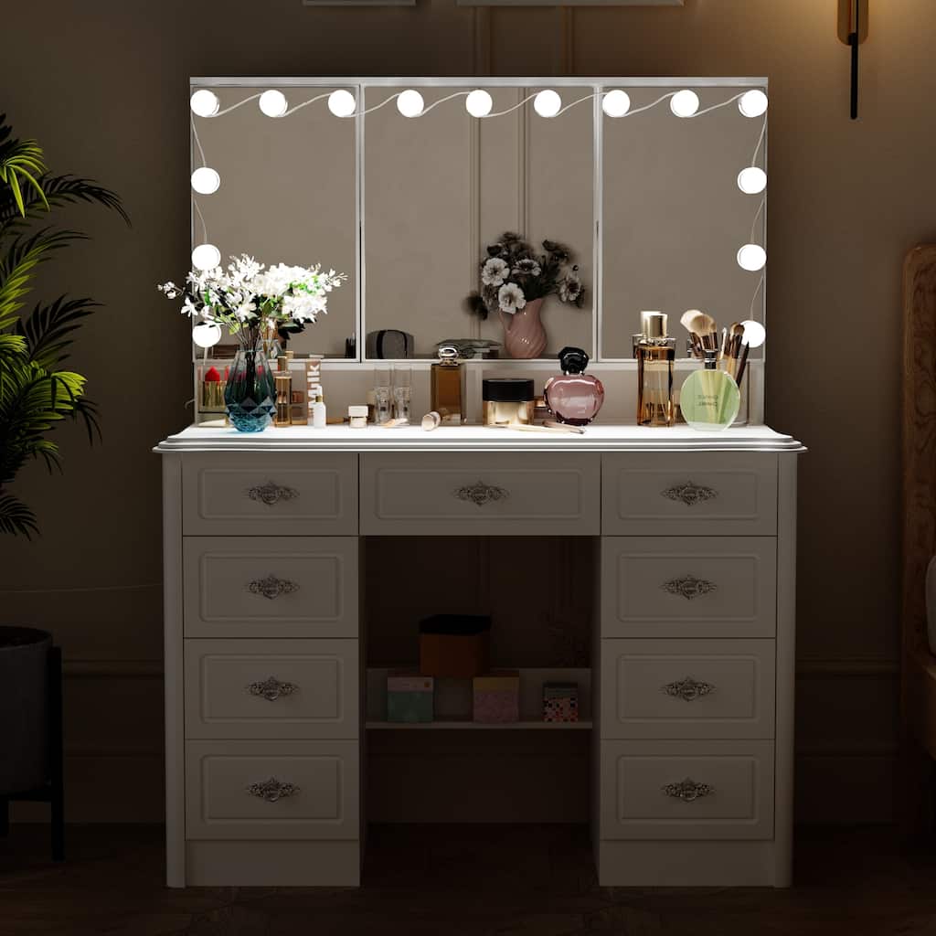 40.2"W White Makeup Table Dressing Desk Tri-Fold Mirror Silent Drawers