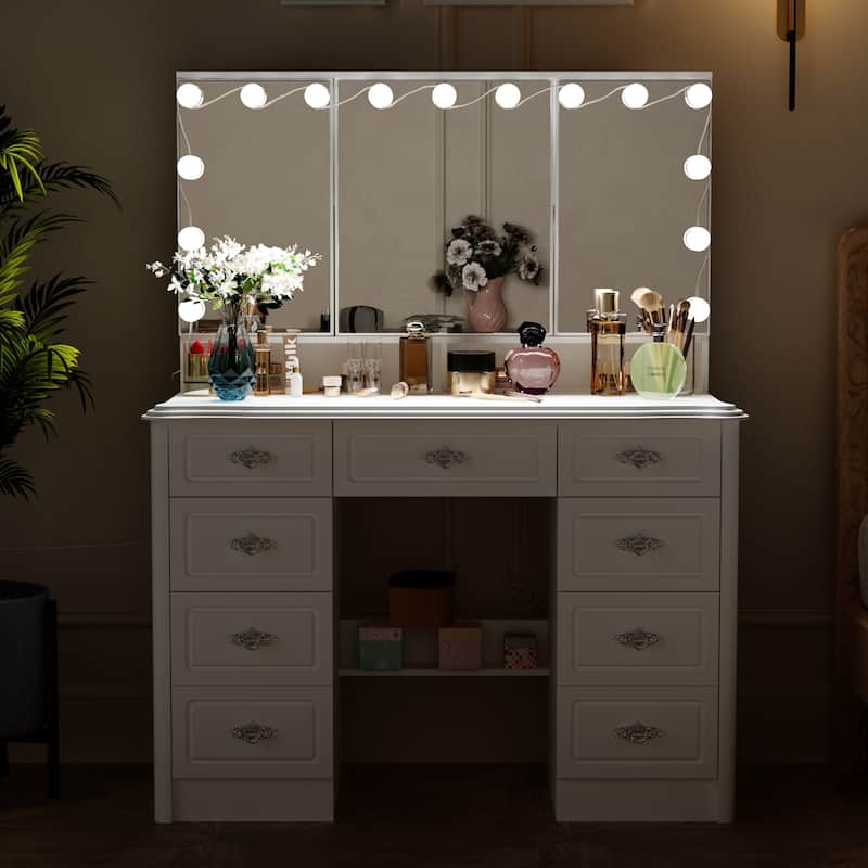 Makeup Vanity Desk with Lights and Mirror, White Vanity Table with 9 Drawers, Hollywood Lighted Vanity Desk Dressing Table
