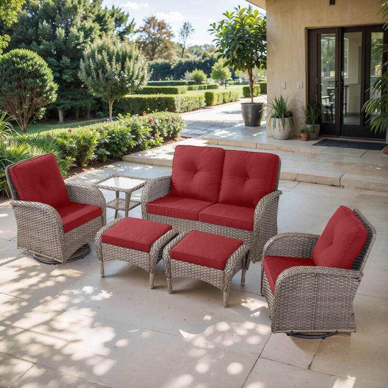 Pocassy 6 Pieces Glider Sofa with Swivel Chairs Ottomans Table - Gray Wicker - Red cushion