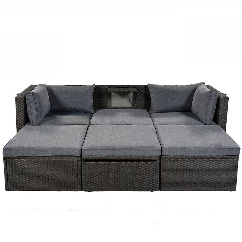 4-Pieces Outdoor Patio Rattan Daybed Sunbed Set with Retractable Canopy, Lift Table, and Adjustable Seat