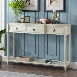 Antique White Rustic Style 58" Solid Wood Console Table with 3 Drawers ...