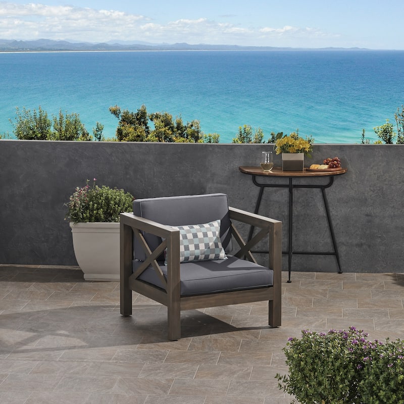 Brava Outdoor Acacia Wood Club Chair with Cushion by Christopher Knight Home