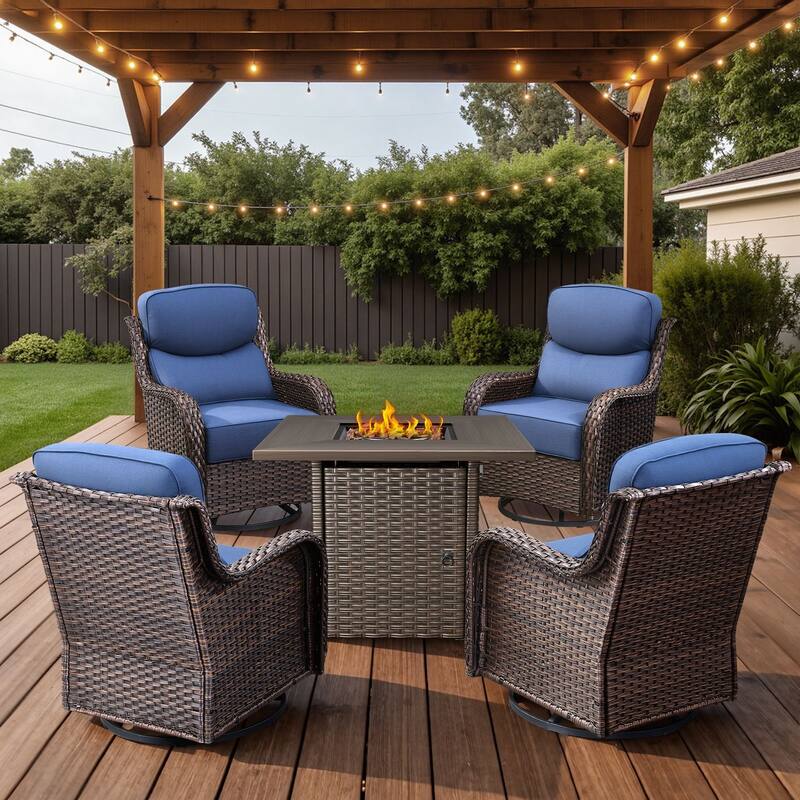 Arcadia 5-Piece Patio Conversation Set with 4 Swivel Glider Chairs and Wicker Square Fire Pit