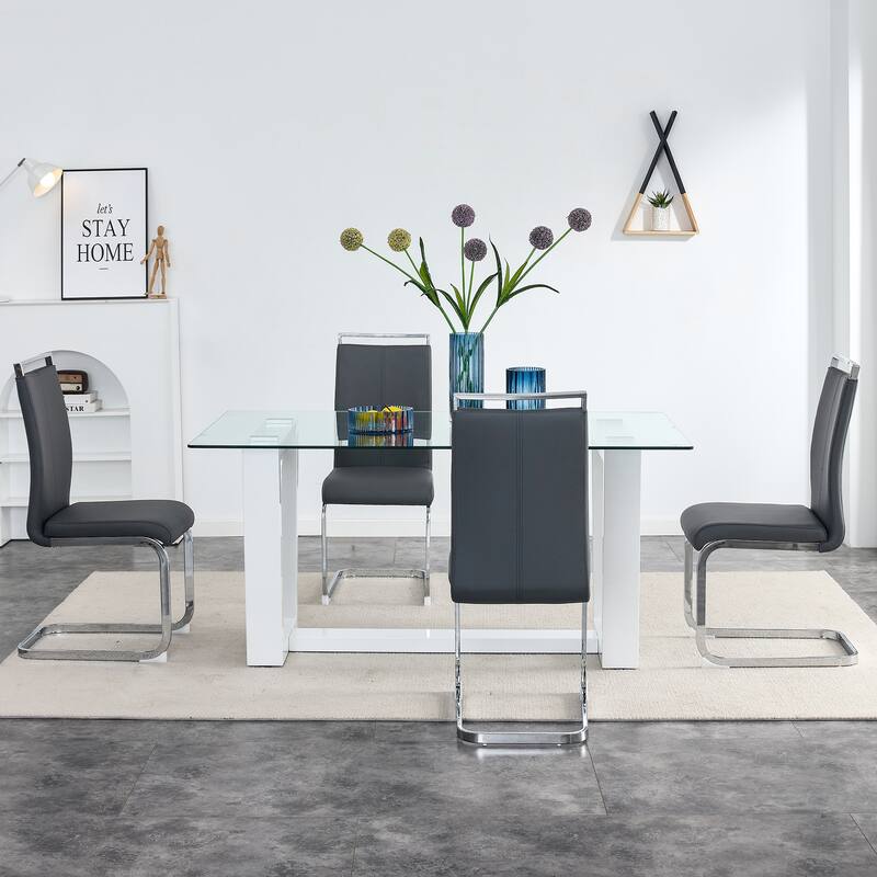 Glass Dining Table Large Modern Minimalist Rectangular for 6-8 with 0.4" Tempered Glass Tabletop