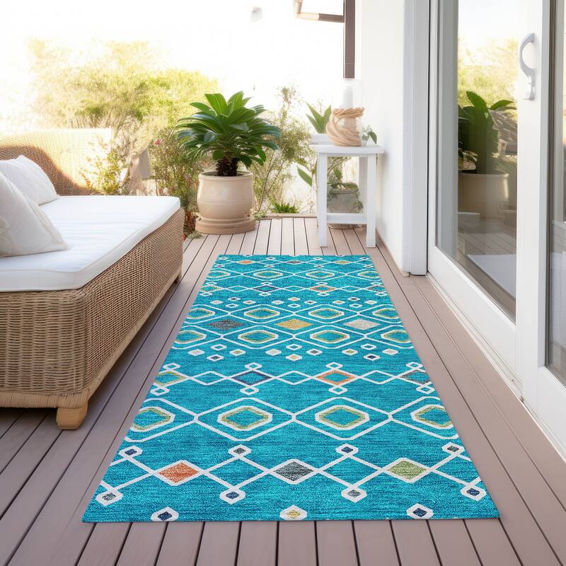 Machine Washable Indoor/ Outdoor Global Contempory Chantille Rug - Teal - 2'3" x 7'6"