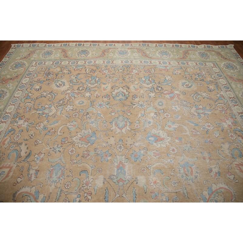 Hand Knotted Oriental 100% Wool Carpet Traditional All-Over Peach Tabriz Area Rug - 12' 8'' X 10' 0''