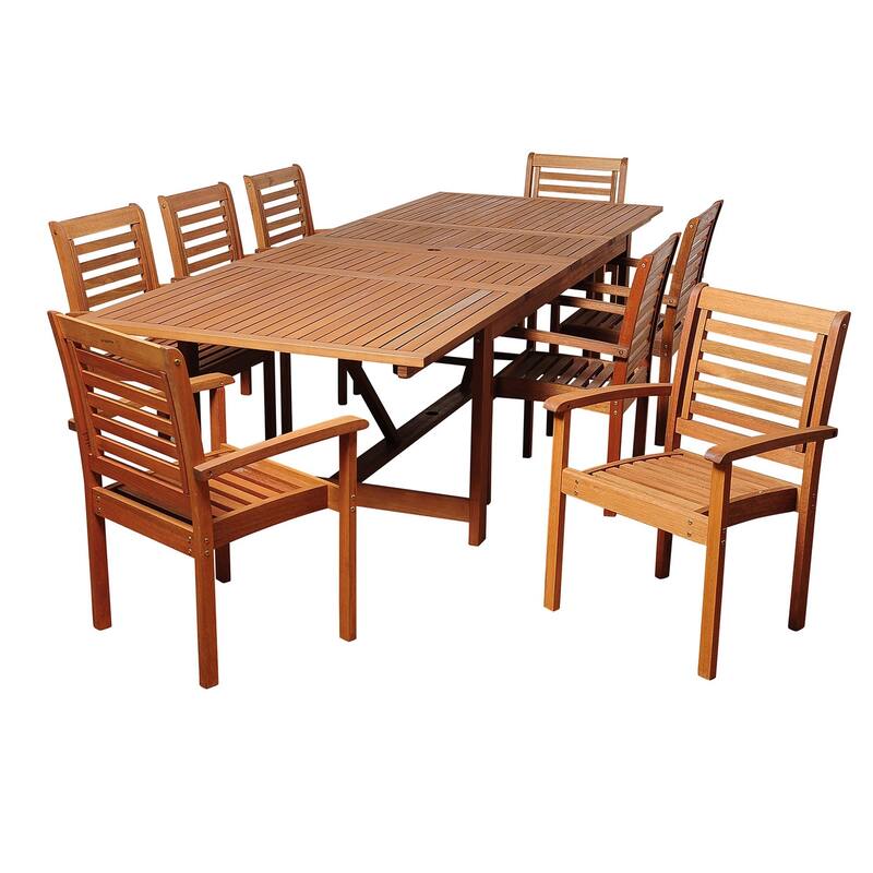 9-Piece Brown Brooks Eucalyptus Extendable Rectangular Outdoor Patio Dining Set 79"