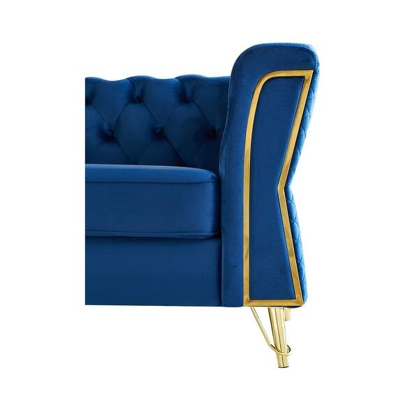 Blue Tufted Velvet Sofa with Unique Armrest Design and Gold Metal Frame